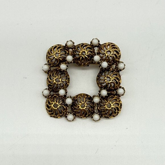 Vintage Square Gold Tone Filigree Brooch Pin Faux Mini Pearls - Picture 5 of 10